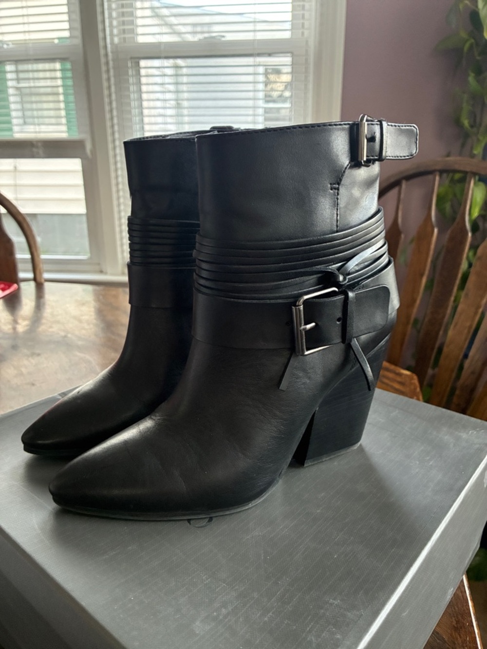 Vince Camuto Black Leather Pointed Ankle Boots with Buckle Strap